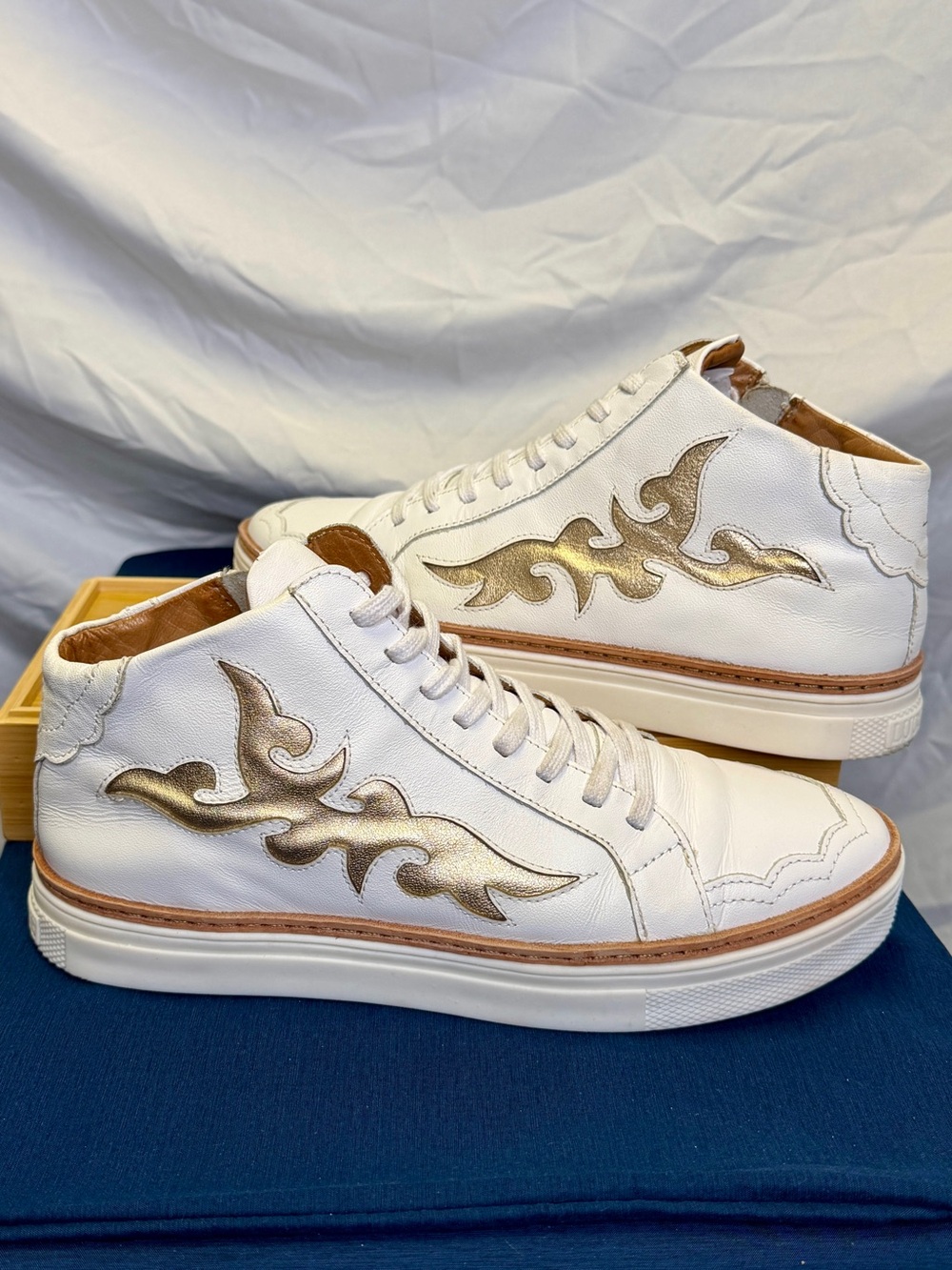 LUCCHESE After Ride Low (High) Top White & Gold Flame Zip Lace Up Sneakers; 9.5